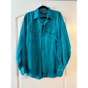 Colore Italia Silk Button Down Shirt Women's Large Teal Vintage Long Sleeve